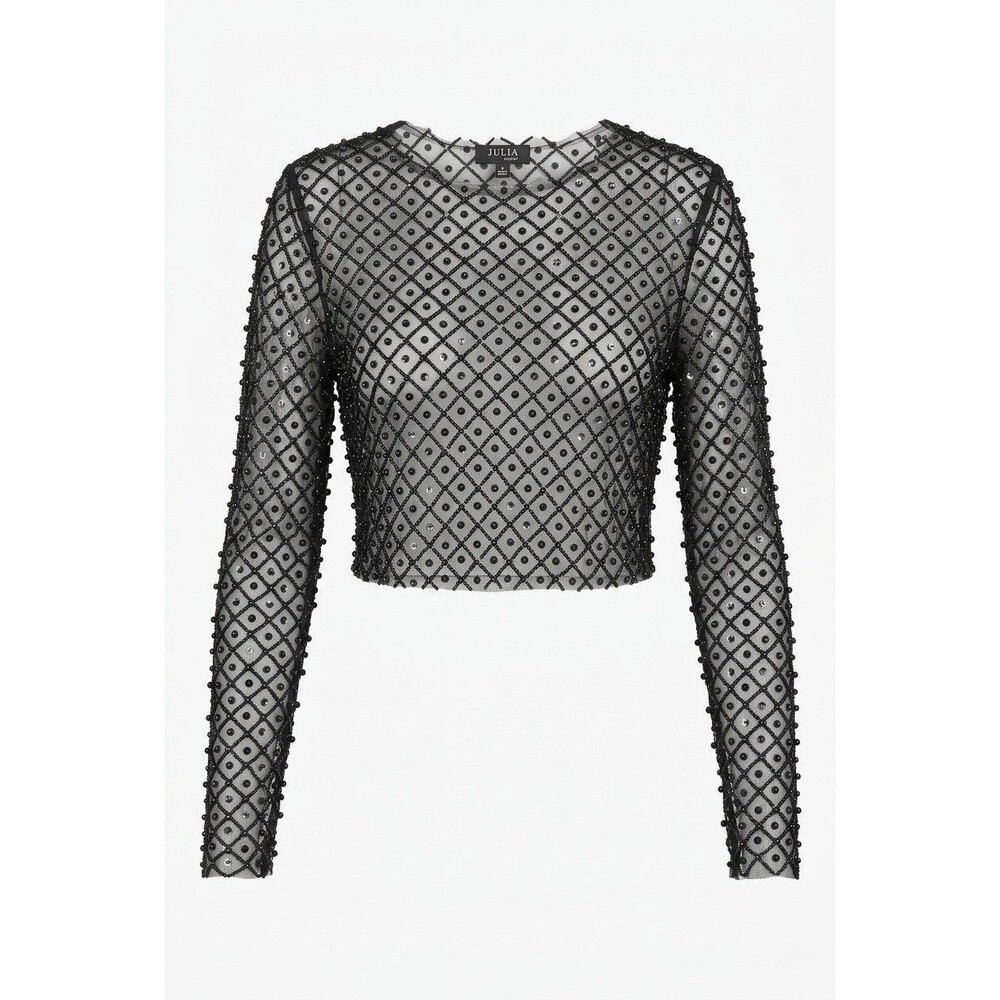Julia By Love J Black Mesh Pearl Beaded Sequin Crop Top Sheer Long Sleeve S NWOT